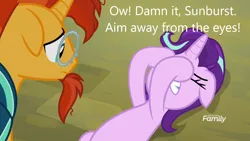 Size: 1280x720 | Tagged: suggestive, derpibooru import, edit, edited screencap, screencap, starlight glimmer, sunburst, pony, unicorn, the parent map, caption, female, image, image macro, implied facial, implied oral, lying down, male, on back, png, shipping, starburst, straight, text