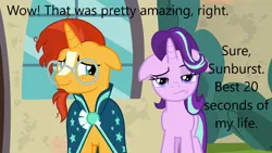 Size: 1280x720 | Tagged: episode needed, suggestive, derpibooru import, edit, edited screencap, screencap, starlight glimmer, sunburst, pony, unicorn, caption, female, image, image macro, implied sex, male, png, shipping, starburst, starlight glimmer is not amused, straight, text, unamused