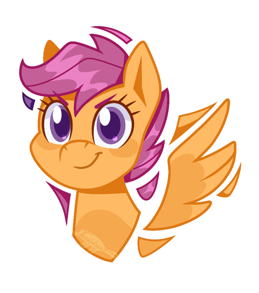 Size: 812x919 | Tagged: safe, artist:imaplatypus, derpibooru import, scootaloo, pegasus, pony, bust, female, filly, foal, image, png, portrait, signature, simple background, smiling, solo, spread wings, wings
