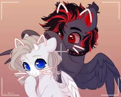 Size: 2500x2000 | Tagged: safe, artist:shelti, derpibooru import, oc, unofficial characters only, pegasus, pony, bust, cat ears, choker, colored pupils, colored sclera, duo, duo male and female, ear fluff, female, filter, gradient background, horns, image, jpeg, male, mare, partially open wings, phone screen, raised hoof, smiling, spiked choker, stallion, underhoof, whiskers, wings