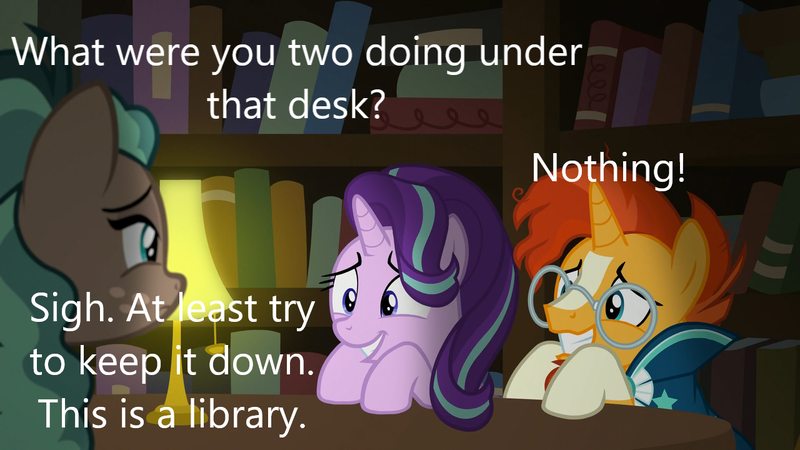 Size: 1280x720 | Tagged: suggestive, derpibooru import, edit, edited screencap, screencap, minty mocha, starlight glimmer, sunburst, pony, unicorn, the parent map, caption, female, image, image macro, implied sex, male, png, shipping, starburst, straight, text