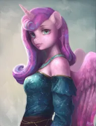 Size: 2013x2653 | Tagged: safe, artist:hirichie, derpibooru import, princess flurry heart, alicorn, anthro, crystal pony, clothes, digital art, dress, female, g4, horn, image, jewelry, looking at you, older, older flurry heart, png, sky, wings