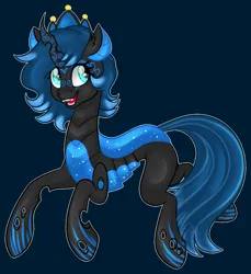 Size: 1275x1391 | Tagged: safe, artist:missbramblemele, derpibooru import, oc, oc:sinari, changeling, changeling queen, blue changeling, facial markings, fangs, female, image, jpeg, simple background, smiling, solo