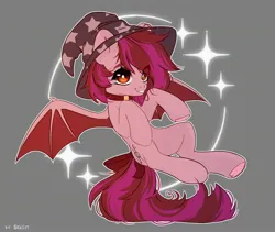 Size: 2356x1984 | Tagged: safe, artist:shelti, derpibooru import, oc, unofficial characters only, bat pony, pony, bat wings, bow, choker, colored pupils, commission, female, flying, gray background, hat, image, jpeg, mare, simple background, solo, spread wings, tail, tail bow, underhoof, wings, witch hat