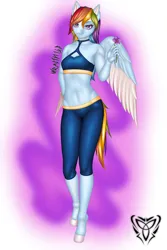 Size: 3000x4500 | Tagged: safe, alternate version, artist:wraith148, derpibooru import, rainbow dash, anthro, unguligrade anthro, clothes, colored wings, colored wingtips, female, flower, image, jpeg, leggings, purple background, signature, simple background, solo, sport bra, violet (flower), wings, workout outfit