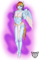 Size: 3000x4500 | Tagged: suggestive, alternate version, artist:wraith148, derpibooru import, rainbow dash, anthro, unguligrade anthro, clothes, colored wings, colored wingtips, ear piercing, female, flower, image, jpeg, loincloth, piercing, signature, smiling, solo, solo female, stripper, violet (flower), wings