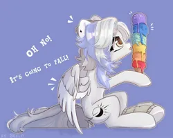 Size: 2500x2000 | Tagged: safe, artist:shelti, derpibooru import, oc, unofficial characters only, pegasus, pony, dialogue, ear piercing, earring, exclamation point, female, food, hoof hold, ice cream, ice cream cone, image, jewelry, jpeg, leg warmer, mare, open mouth, partially open wings, piercing, purple background, simple background, sitting, solo, text, wings