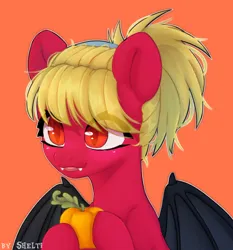Size: 1920x2064 | Tagged: safe, artist:shelti, derpibooru import, oc, unofficial characters only, bat pony, pony, bat wings, bust, colored pupils, commission, fangs, female, fruit, headband, hoof hold, image, jpeg, mare, orange background, partially open wings, ponytail, simple background, slit pupils, solo, wings