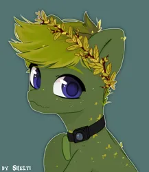 Size: 1738x2000 | Tagged: safe, artist:shelti, derpibooru import, oc, unofficial characters only, original species, plant pony, pony, bust, camera, colored pupils, commission, green background, image, jpeg, looking at you, male, no nose, plant, raised hoof, simple background, solo, stallion, wavy mouth
