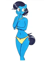 Size: 2481x3495 | Tagged: suggestive, artist:killerteddybear94, derpibooru import, mrs. paleo, anthro, earth pony, belly button, big breasts, breasts, busty mrs. paleo, clothes, covering, covering breasts, curvy, cute, cutie mark, ear piercing, earring, female, hand on face, hourglass figure, image, jewelry, jpeg, looking away, milf, necklace, nudity, panties, partial nudity, pearl necklace, piercing, simple background, solo, solo female, topless, traditional art, underwear, white background, worried, yellow underwear