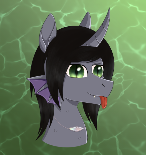 Size: 1209x1284 | Tagged: safe, artist:dyonys, derpibooru import, oc, ponified, ponified:kellin quinn, half-siren, hybrid, pony, :p, abstract background, bust, curved horn, fangs, fins, grin, horn, image, looking at you, male, png, scales, sleeping with sirens, slit pupils, smiling, solo, tongue out