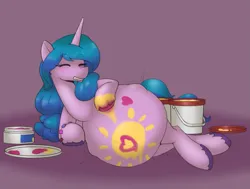 Size: 1949x1471 | Tagged: safe, artist:puetsua, derpibooru import, izzy moonbow, unicorn, belly, belly painting, g5, image, izzy mombow, kicking, paint, png, pregnant, solo