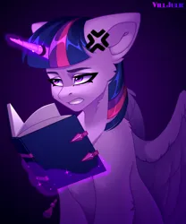 Size: 2000x2400 | Tagged: safe, artist:villjulie, derpibooru import, twilight sparkle, twilight sparkle (alicorn), alicorn, pony, book, cross-popping veins, emanata, female, glow, glowing horn, horn, image, magic, mare, png, signature, solo, telekinesis, unamused