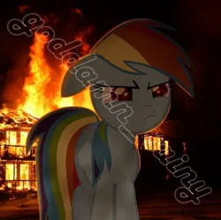 Size: 720x716 | Tagged: safe, artist:goddamn_rainy, derpibooru import, rainbow dash, fire, image, jpeg, watermark