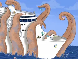 Size: 1452x1108 | Tagged: safe, artist:ydalirwendigo, derpibooru import, oc, unofficial characters only, kraken, pony, cruise ship, image, jpeg, monster, ocean, panic, peril, ship, ship sinking, tentacles, water