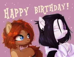 Size: 1166x900 | Tagged: safe, artist:shelti, derpibooru import, oc, oc:owl, unofficial characters only, earth pony, pony, birthday, blushing, clothes, colored pupils, countershading, duo, duo female, ear piercing, earring, exclamation point, fangs, female, grin, happy, image, jewelry, jpeg, long sleeves, mare, one eye closed, piercing, pink background, simple background, smiling, standing, text, wink