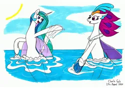 Size: 3487x2461 | Tagged: safe, artist:killerteddybear94, derpibooru import, princess celestia, queen novo, alicorn, pony, seapony (g4), my little pony: the movie, cloud, crown, cute, cutelestia, dorsal fin, duo, duo female, eyelashes, female, fin, fin wings, fins, flowing mane, high res, horn, image, jewelry, jpeg, looking at each other, looking at someone, mare, multicolored hair, novobetes, ocean, open mouth, open smile, purple eyes, purple mane, regalia, seaponified, seapony celestia, signature, sky, smiling, smiling at each other, species swap, splashing, swimming, traditional art, water, wings