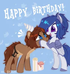 Size: 954x1000 | Tagged: safe, artist:shelti, derpibooru import, oc, oc:owl, unofficial characters only, earth pony, pegasus, pony, bipedal, bipedal leaning, birthday, blue background, blushing, colored pupils, countershading, duo, duo female, ear piercing, earring, exclamation point, fangs, female, folded wings, happy, image, jewelry, jpeg, leaning, mare, one eye closed, open mouth, piercing, present, simple background, smiling, standing, text, wings, wink
