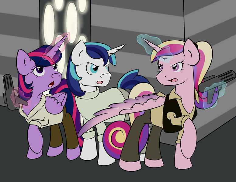 Size: 1024x792 | Tagged: safe, artist:fairiegirl101, derpibooru import, princess cadance, shining armor, twilight sparkle, unicorn, blaster, crossover, han solo, image, jpeg, luke skywalker, princess leia, star wars, star wars: a new hope, trio, unicorn twilight