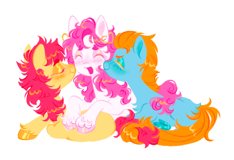Size: 1280x879 | Tagged: safe, artist:webkinzworldz, derpibooru import, patch (g1), earth pony, pony, female, g1, image, kiss on the cheek, kissing, lesbian, male, png, polyamory, polygamy, simple background, straight, sweet heart (g1), teddy (g1), transparent background, trio