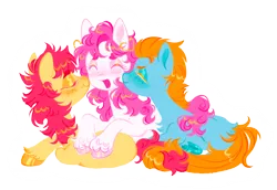 Size: 1280x879 | Tagged: safe, artist:webkinzworldz, derpibooru import, patch (g1), earth pony, pony, female, g1, image, kiss on the cheek, kissing, lesbian, male, png, polyamory, polygamy, simple background, straight, sweet heart (g1), teddy (g1), transparent background, trio