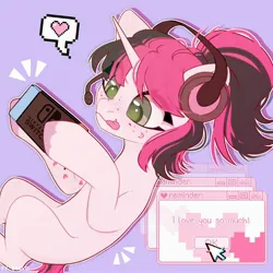 Size: 2000x2000 | Tagged: safe, artist:shelti, derpibooru import, oc, pony, unicorn, colored pupils, commission, female, freckles, gaming, happy, headphones, heart, hoof hold, horn, image, jpeg, lying down, mare, nintendo switch, on back, ponytail, purple background, simple background, solo, speech bubble, tongue out