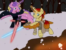 Size: 1024x792 | Tagged: safe, artist:fairiegirl101, derpibooru import, princess skyla, oc, oc:meridia, alicorn, pony, alicorn oc, crossover, duo, female, glow, glowing horn, horn, image, jpeg, kylo ren, lightsaber, magic, magic aura, star wars, telekinesis, weapon, wings