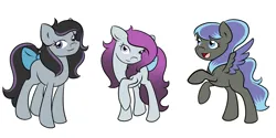 Size: 1500x750 | Tagged: safe, artist:fairiegirl101, derpibooru import, oc, oc:felicity, oc:lilac aria, oc:sable blush, unofficial characters only, earth pony, pegasus, earth pony oc, image, magical lesbian spawn, offspring, parent:octavia melody, parent:rarity, parents:raritavia, pegasus oc, png, simple background, trio, white background, wings