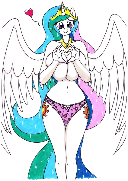 Size: 2468x3492 | Tagged: suggestive, artist:killerteddybear94, derpibooru import, princess celestia, alicorn, anthro, adorasexy, beautisexy, belly button, big breasts, breasts, busty princess celestia, clothes, crown, curvy, cute, cutelestia, female, flower pattern underwear, heart, heart hands, hourglass figure, huge breasts, image, jewelry, jpeg, legs together, looking at you, milf, momlestia, nudity, panties, partial nudity, pink underwear, regalia, sexy, smiling, solo, solo female, spread wings, stupid sexy celestia, topless, traditional art, underwear, wasp waist, wings