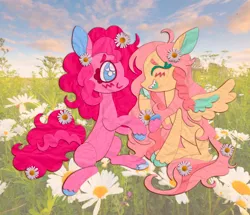 Size: 1280x1103 | Tagged: safe, artist:webkinzworldz, derpibooru import, fluttershy, pinkie pie, earth pony, pegasus, pony, blushing, duo, female, flower, flower in hair, flutterpie, image, lesbian, looking at each other, looking at someone, png, real life background, shipping, smiling, smiling at each other