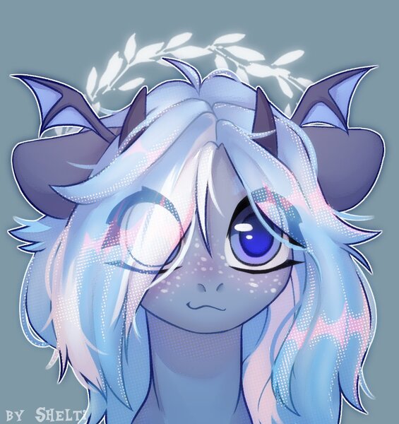 Size: 1000x1062 | Tagged: safe, artist:shelti, derpibooru import, oc, unofficial characters only, pony, bust, commission, eye clipping through hair, female, freckles, gray background, hair over one eye, horns, image, jpeg, looking at you, mare, simple background, smiling, solo, wings
