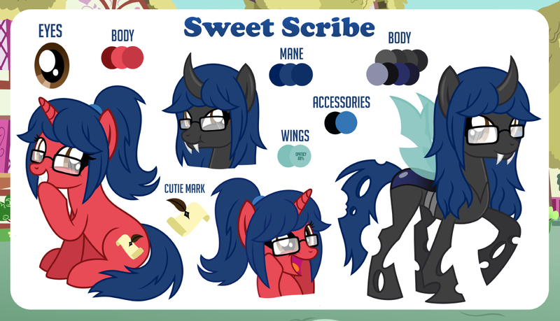 Size: 1200x689 | Tagged: safe, artist:jennieoo, derpibooru import, oc, oc:sweet scribe, changeling, pony, unicorn, amazed, cutie mark, fangs, glasses, image, laughing, png, ponytail, reference, reference sheet, show accurate, solo, vector