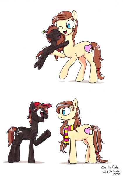 Size: 2453x3495 | Tagged: safe, artist:killerteddybear94, derpibooru import, button mash, oc, oc:cream heart, pony, clothes, colt, cream heart and button mash:best mother and son, female, foal, hat, hug, image, jpeg, male, mother and child, mother and son, older, older button mash, open mouth, scarf, smiling, traditional art