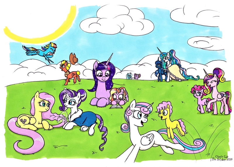 Size: 3487x2483 | Tagged: safe, artist:killerteddybear94, derpibooru import, applejack, fluttershy, li'l cheese, luster dawn, pinkie pie, princess cadance, princess celestia, princess flurry heart, princess luna, rainbow dash, rarity, starlight glimmer, trixie, twilight sparkle, alicorn, earth pony, pegasus, pony, unicorn, the last problem, image, jpeg, mane six, mlp fim's tenth anniversary, older, older applejack, older flurry heart, older fluttershy, older mane six, older pinkie pie, older rainbow dash, older rarity, older twilight, traditional art