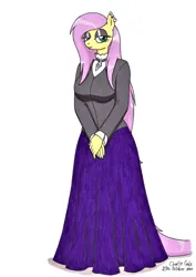Size: 2474x3498 | Tagged: safe, artist:killerteddybear94, derpibooru import, fluttershy, anthro, clothes, ear piercing, earring, fluttergoth, goth, image, jewelry, jpeg, long skirt, looking at you, piercing, skirt, smiling, traditional art