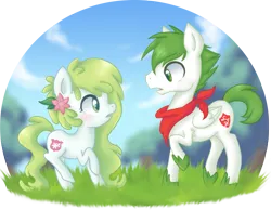 Size: 1353x1052 | Tagged: safe, artist:ne-chi, derpibooru import, oc, oc:gracidea, pony, shaymin, bandana, first meeting, image, looking at each other, looking at someone, mythical pokémon, open mouth, png, pokémon, raised hoof, simple background, transparent background