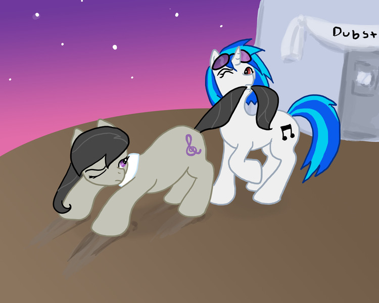 Size: 3000x2400 | Tagged: safe, artist:mistylake, derpibooru import, octavia melody, vinyl scratch, earth pony, unicorn, biting, dragging, duo, female, image, jpeg, tail, tail bite, tail pull