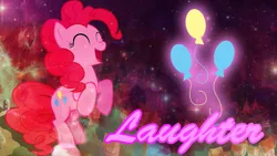 Size: 1920x1080 | Tagged: safe, artist:blackgryph0n, artist:dalekstugaming, artist:peachspices, derpibooru import, edit, pinkie pie, earth pony, pony, bipedal, cutie mark, eyes closed, female, happy, image, mare, open mouth, open smile, png, ponyville, smiling, solo, stars, translucent, wallpaper, wallpaper edit