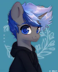 Size: 1454x1800 | Tagged: safe, artist:shelti, derpibooru import, oc, oc:orion, unofficial characters only, pony, unicorn, blushing, bust, clothes, colored pupils, commission, happy, hoodie, horn, image, jpeg, long sleeves, male, simple background, sitting, smiling, solo, stallion, teal background