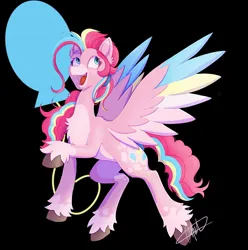 Size: 1440x1453 | Tagged: safe, artist:shackle_moon, derpibooru import, part of a set, pinkie pie, pegasus, pony, balloon, black background, colored wings, cutie mark background, image, jpeg, looking up, pegasus pinkie pie, race swap, rainbow power, redesign, simple background, smiling, solo, wings