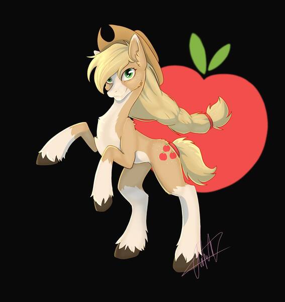 Size: 1440x1524 | Tagged: safe, artist:shackle_moon, derpibooru import, part of a set, applejack, earth pony, pony, apple, applejack's hat, black background, cowboy hat, cutie mark background, food, hat, image, jpeg, rearing, redesign, simple background, solo