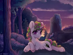 Size: 2000x1500 | Tagged: safe, artist:shelti, derpibooru import, oc, unofficial characters only, pony, unicorn, bush, commission, curly hair, female, grass, happy, image, jpeg, looking at you, mare, outdoors, sky, smiling, solo, sunset, tree, unshorn fetlocks