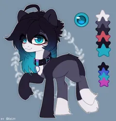 Size: 1624x1700 | Tagged: safe, artist:shelti, derpibooru import, oc, unofficial characters only, earth pony, pony, bald face, blaze (coat marking), blue background, coat markings, collar, colored pupils, facial markings, female, image, jpeg, looking at you, mare, raised hoof, raised leg, reference sheet, simple background, socks (coat marking), solo