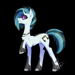 Size: 1440x1440 | Tagged: safe, artist:shackle_moon, derpibooru import, vinyl scratch, pony, unicorn, black background, image, jpeg, profile, raised hoof, redesign, side view, simple background, solo, sunglasses, unshorn fetlocks