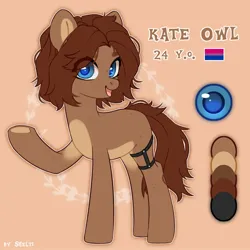 Size: 1700x1700 | Tagged: safe, artist:shelti, derpibooru import, oc, oc:owl, unofficial characters only, earth pony, pony, colored pupils, countershading, female, happy, image, jpeg, looking at you, mare, open mouth, peach background, reference sheet, simple background, solo, standing, underhoof
