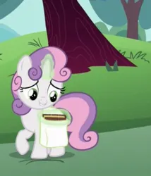 Size: 323x378 | Tagged: safe, derpibooru import, screencap, sweetie belle, pony, unicorn, the cart before the ponies, bag, book, cropped, female, filly, foal, image, jpeg, levitation, looking down, magic, saddle bag, solo, telekinesis