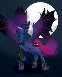 Size: 1440x1797 | Tagged: safe, artist:shackle_moon, derpibooru import, oc, oc:shackle, unofficial characters only, alicorn, bat pony, bat pony alicorn, pony, alicorn oc, bat wings, female, full moon, glow, glowing eyes, horn, image, jpeg, mare, moon, offspring, parent:king sombra, parent:nightmare moon, parents:sombramoon, raised hoof, solo, spread wings, wings