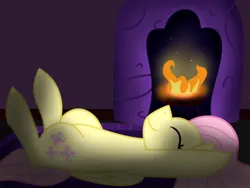 Size: 400x300 | Tagged: safe, artist:fluttershydaily, derpibooru import, fluttershy, eyes closed, fire, fireplace, hooves up, image, legs in air, lying down, on back, png