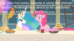 Size: 1053x592 | Tagged: safe, derpibooru import, edit, edited screencap, screencap, pinkie pie, princess celestia, alicorn, earth pony, pony, derpibooru, a bird in the hoof, caption, duo, female, image, image macro, mare, meta, png, text