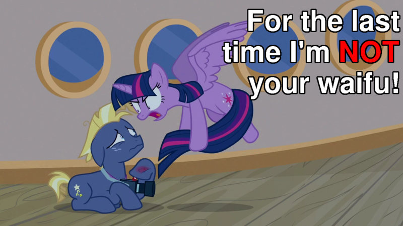 Size: 1280x720 | Tagged: safe, derpibooru import, edit, screencap, star tracker, twilight sparkle, twilight sparkle (alicorn), alicorn, once upon a zeppelin, caption, image, image macro, png, text